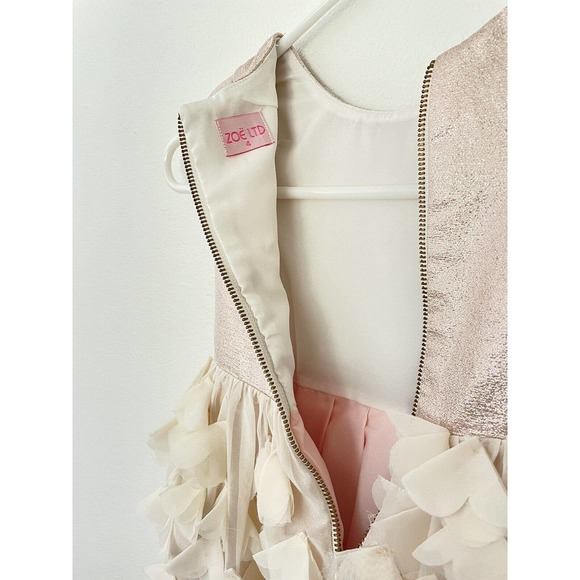ZOE LTD Girl’s Fancy Shiny Ivory Pink Dress Size 4 “Feathers” Reg Price $350 - Picture 3 of 5